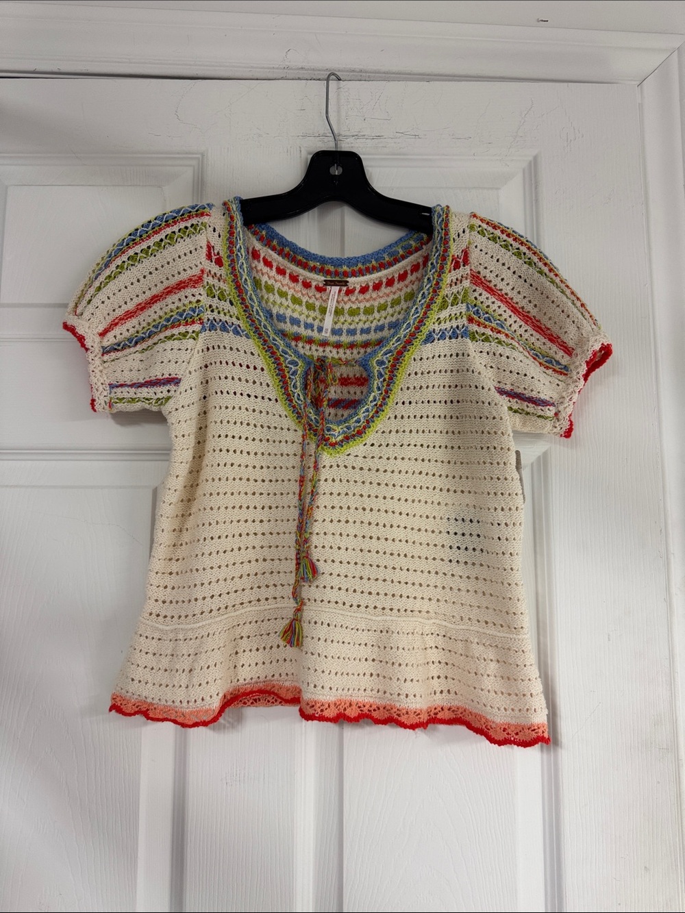 Free People Cream Crochet Peasant Top with Multicolor Trim